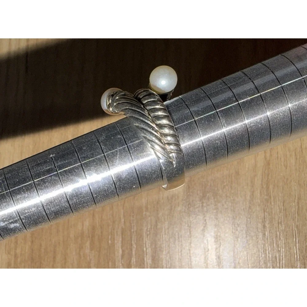 Solid 925‎ Sterling Silver Rope Adjustable Wire Crossover Ring Pearl 7.5